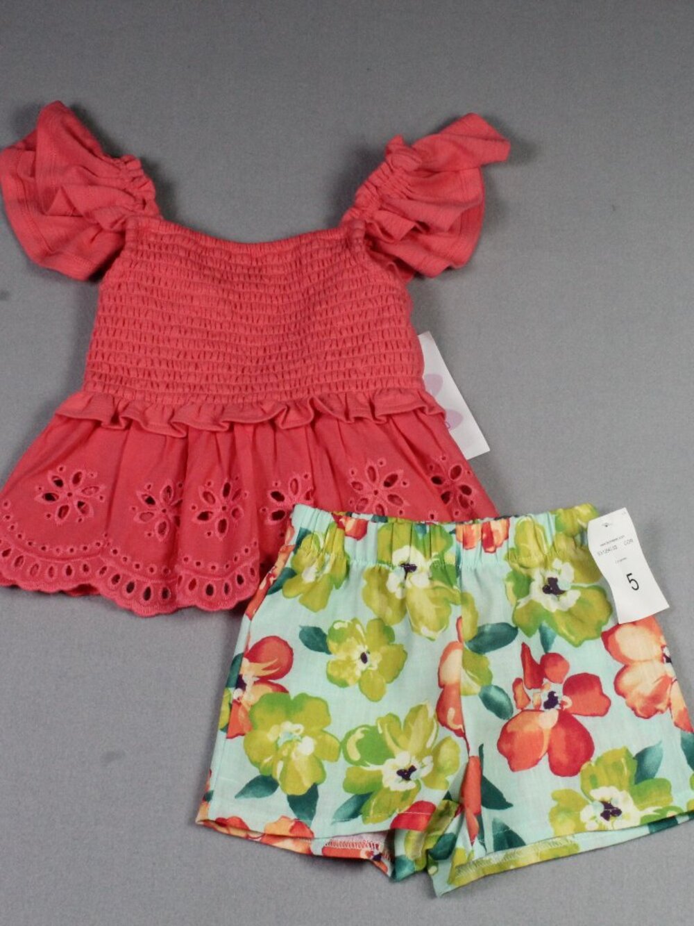 Bonnie Jean Dillards Girls Sz 5 Coral Smocked Eyelet Top Floral Shorts